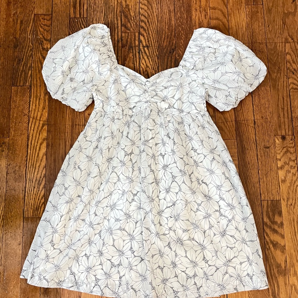 Altar'd State White Eyelet Puff Sleeve Dress with Navy Floral Outline
